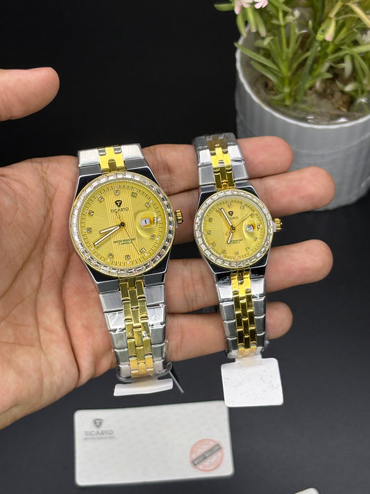 Ticarto couple watch RLX design - Article #115 - Two-tone chain golden dial