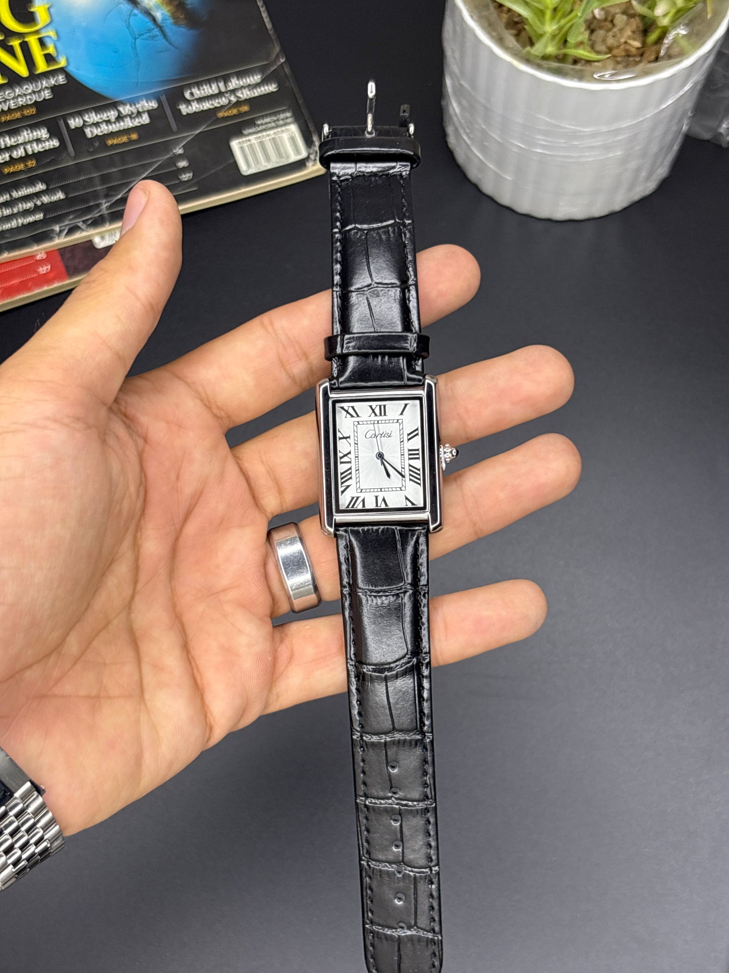 Cartisi tank strap watch - Article #134 - Black strap silver dial